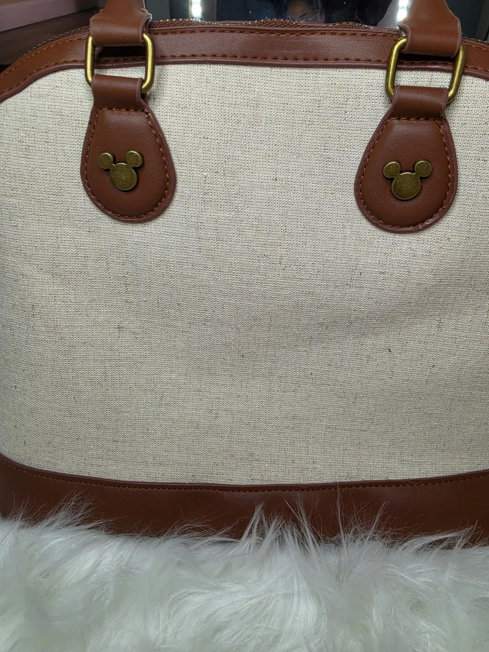 Disney Mickey Canvas Satchel Bag in Brown and Cream